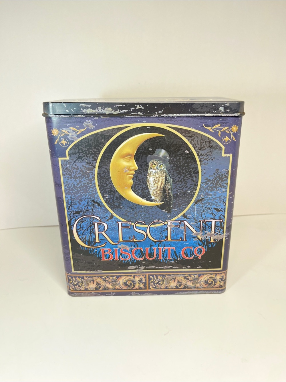 Vintage Crescent Biscuit Co Storage Tin Moon Owl Top Hat Celestial Antique Style